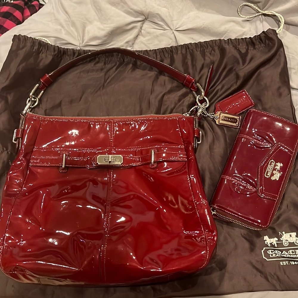 RARE COACH red patent leather BAG AND WALLET.
